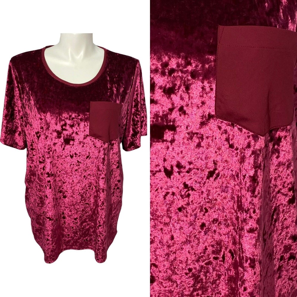 Evri Top Womens Size 2x Cranberry Red Crushed Velvet Look Short Sleeve Knit